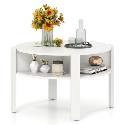 29.5 Inch Round Coffee Table with Storage Shelves for Small Space-White Costway