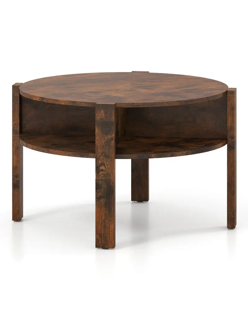 29.5 Inch Round Coffee Table with Storage Shelves for Small Space-Rustic Brown - Rustic Brown - Coffee Tables