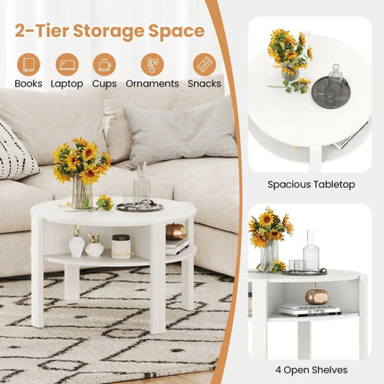29.5 Inch Round Coffee Table with Storage Shelves for Small Space-White Costway