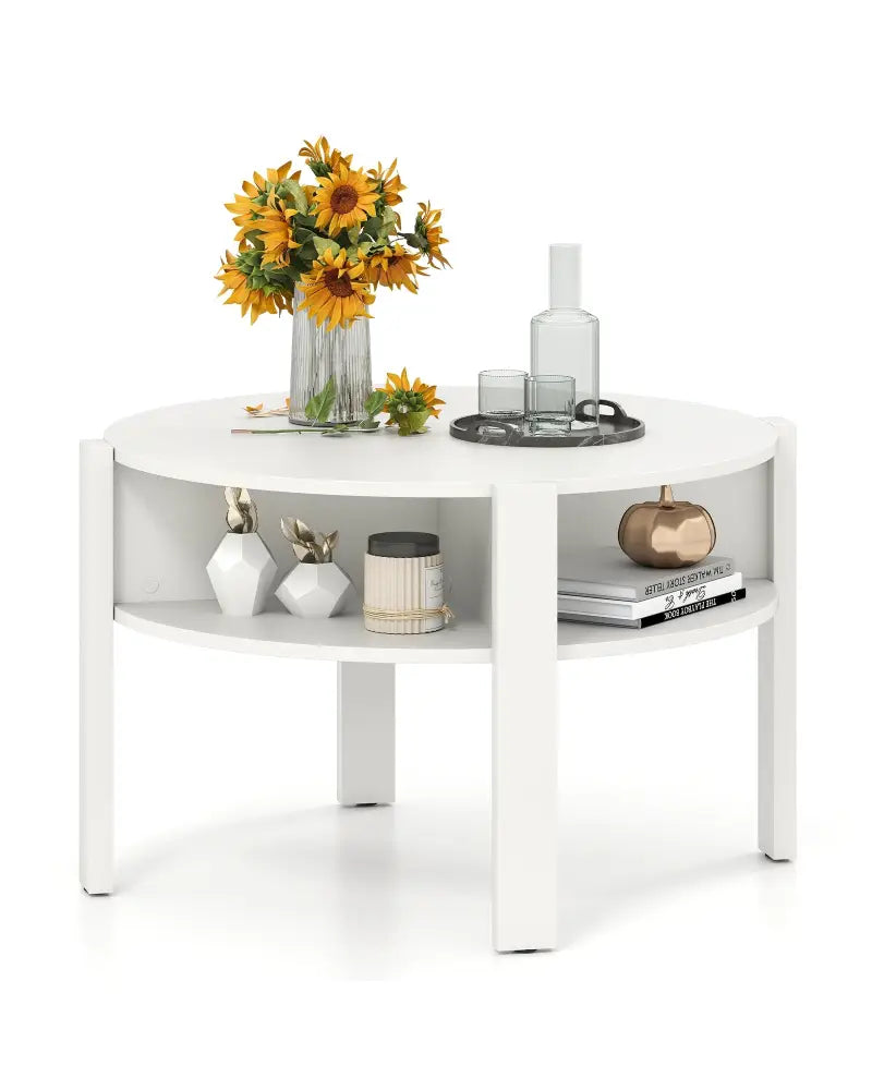 29.5 Inch Round Coffee Table with Storage Shelves for Small Space-White - White - Coffee Tables