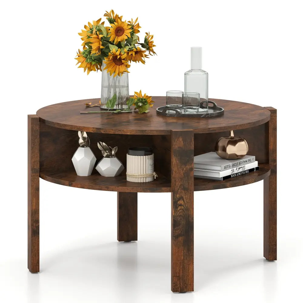 29.5 Inch Round Coffee Table with Storage Shelves for Small Space-Rustic Brown - Rustic Brown - Coffee Tables