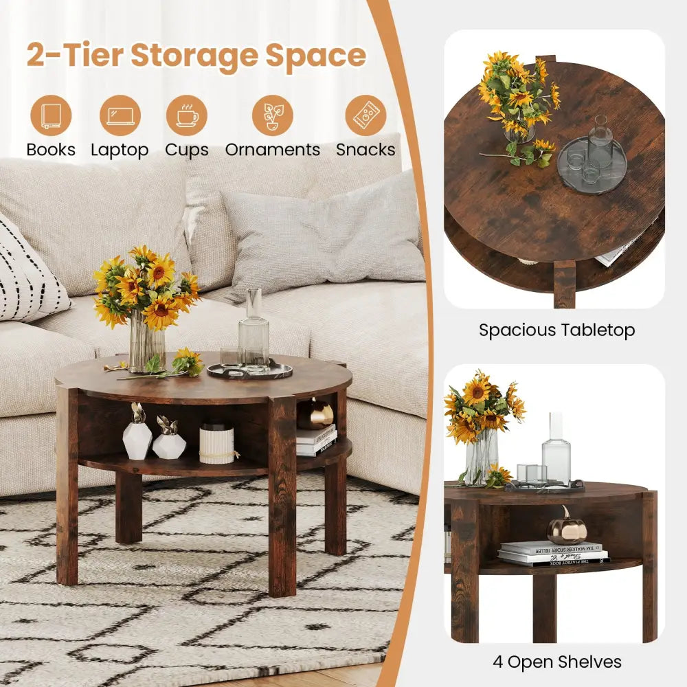 29.5 Inch Round Coffee Table with Storage Shelves for Small Space-Rustic Brown - Rustic Brown - Coffee Tables