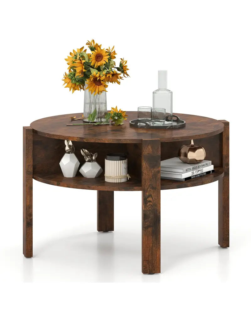 29.5 Inch Round Coffee Table with Storage Shelves for Small Space-Rustic Brown - Rustic Brown - Coffee Tables