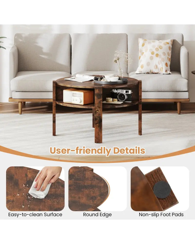 29.5 Inch Round Coffee Table with Storage Shelves for Small Space-Rustic Brown - Rustic Brown - Coffee Tables