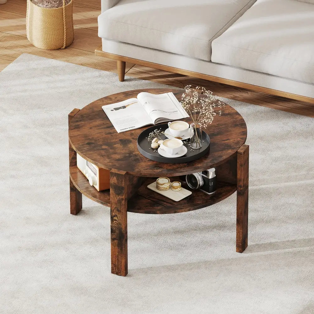 29.5 Inch Round Coffee Table with Storage Shelves for Small Space-Rustic Brown - Rustic Brown - Coffee Tables