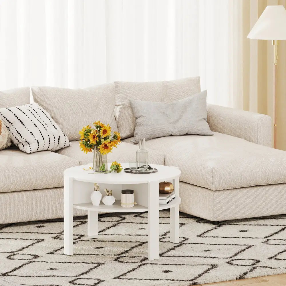 29.5 Inch Round Coffee Table with Storage Shelves for Small Space-White - White - Coffee Tables