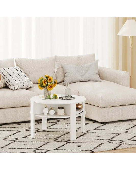 29.5 Inch Round Coffee Table with Storage Shelves for Small Space-White - White - Coffee Tables