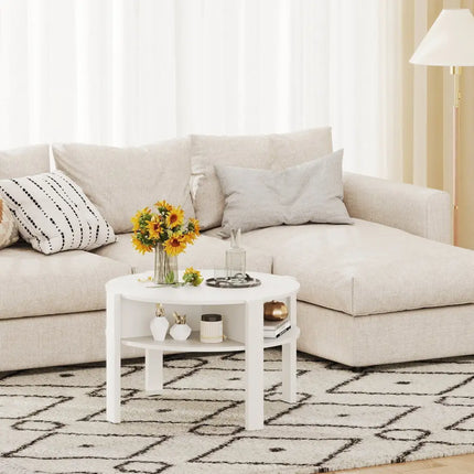 29.5 Inch Round Coffee Table with Storage Shelves for Small Space-White Costway