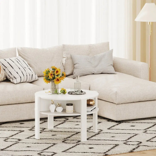 29.5 Inch Round Coffee Table with Storage Shelves for Small Space-White Costway