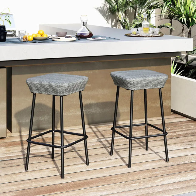 29.5 Inches Patio Bar Stools Set of 2 with Rattan Seat and Footrest - Gray - Patio Bar Furniture
