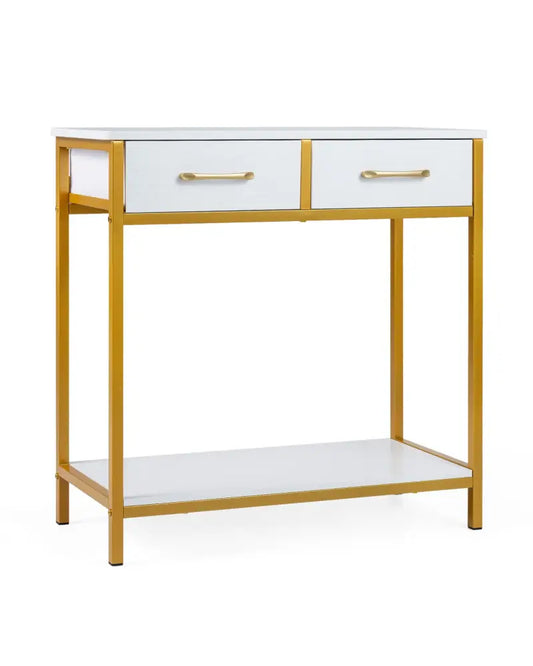 29.5â€ Narrow Console Table with 2 Fabric Drawers and Open Compartment-White - White & Golden - Console Tables