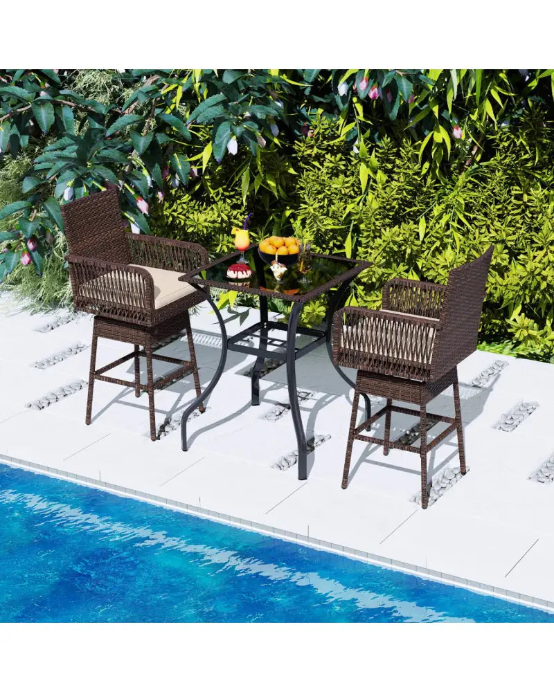 29’’ Bar Height Patio 360° Swivel Bar Stool with Cross-Woven Armrests Footrest and Seat Cushion-Brown - Brown - Patio