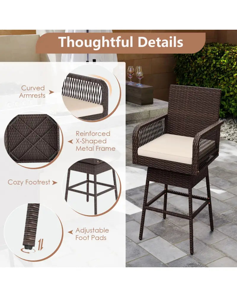 29’’ Bar Height Patio 360° Swivel Bar Stool with Cross-Woven Armrests Footrest and Seat Cushion-Brown - Brown - Patio