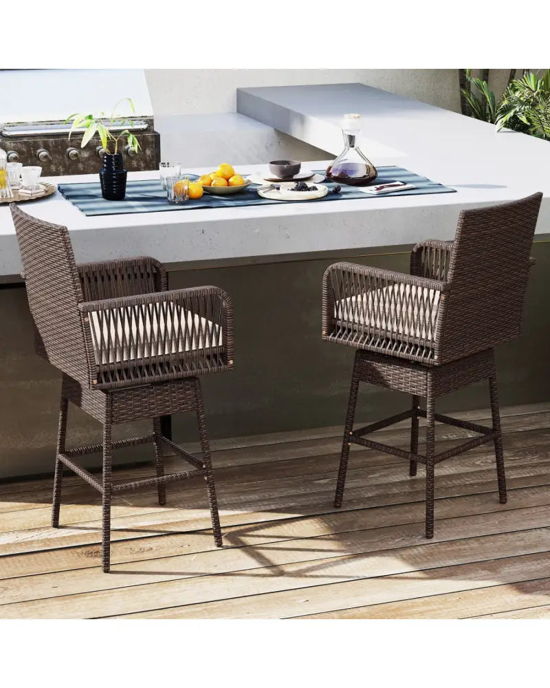 29’’ Bar Height Patio 360° Swivel Bar Stool with Cross-Woven Armrests Footrest and Seat Cushion-Brown - Brown - Patio