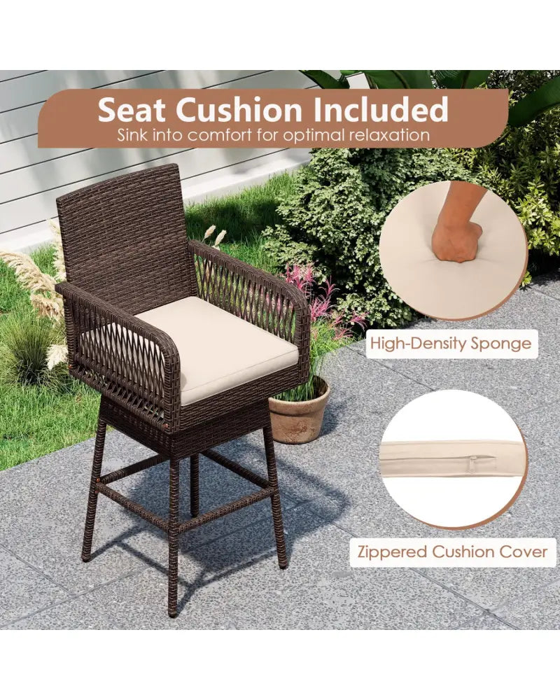 29’’ Bar Height Patio 360° Swivel Bar Stool with Cross-Woven Armrests Footrest and Seat Cushion-Brown - Brown - Patio