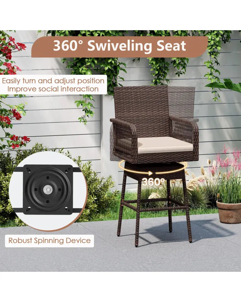 29’’ Bar Height Patio 360° Swivel Bar Stool with Cross-Woven Armrests Footrest and Seat Cushion-Brown - Brown - Patio