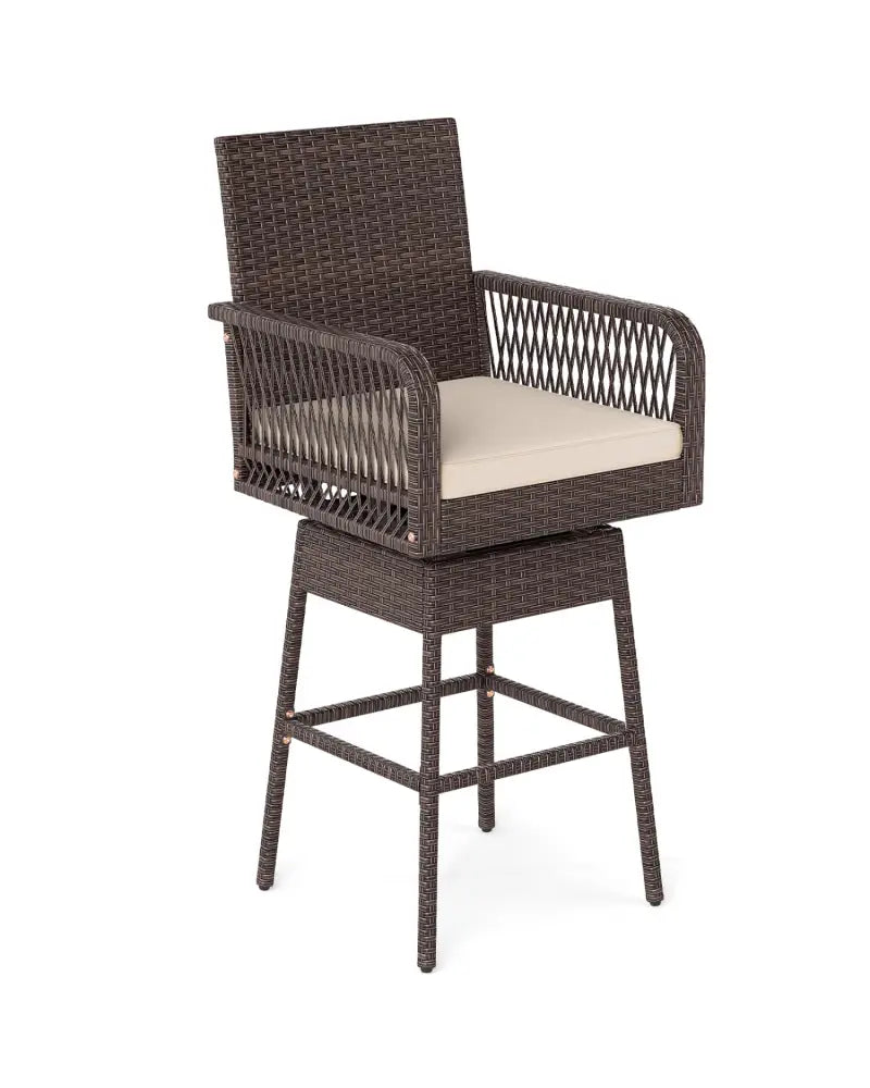 29’’ Bar Height Patio 360° Swivel Bar Stool with Cross-Woven Armrests Footrest and Seat Cushion-Brown - Brown - Patio