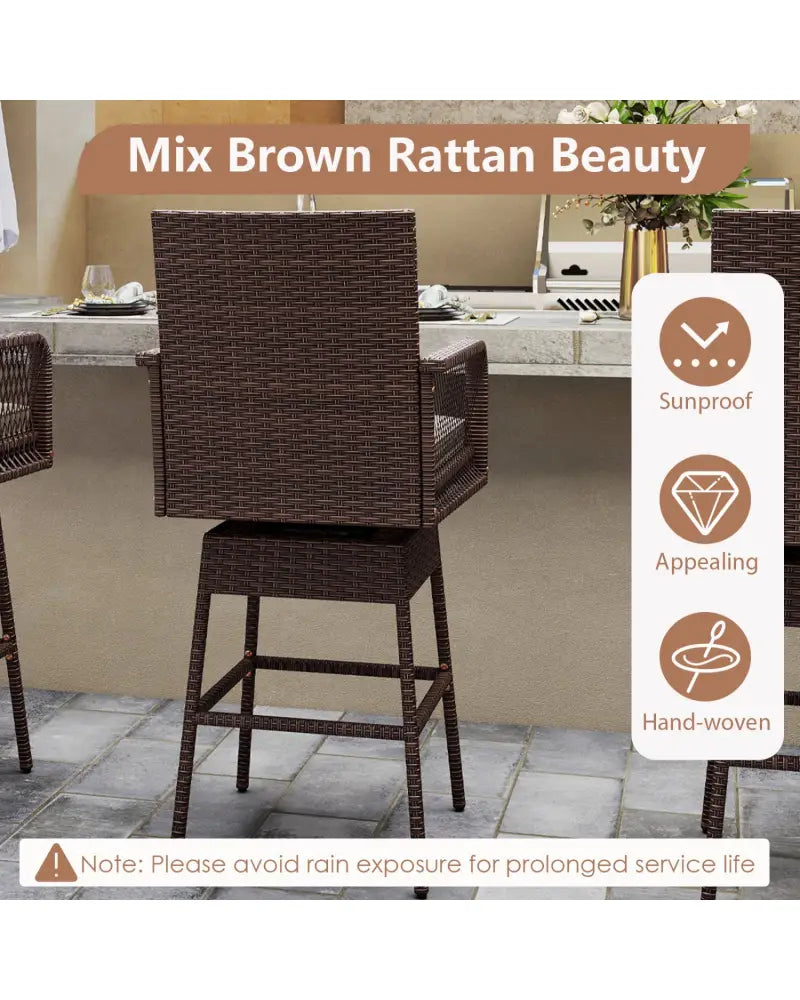 29’’ Bar Height Patio 360° Swivel Bar Stool with Cross-Woven Armrests Footrest and Seat Cushion-Brown - Brown - Patio