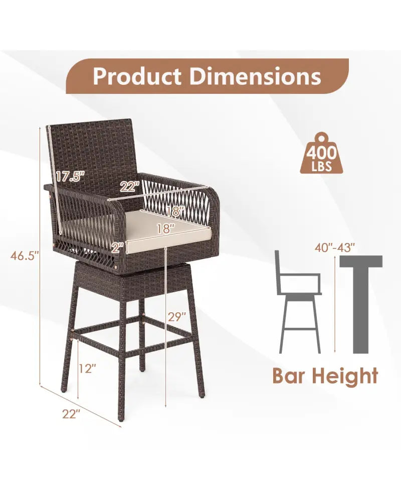 29’’ Bar Height Patio 360° Swivel Bar Stool with Cross-Woven Armrests Footrest and Seat Cushion-Brown - Brown - Patio
