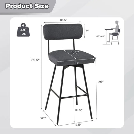 29 Inch Counter Height Upholstered Swivel Bar Stool Set of 2-Gray Costway