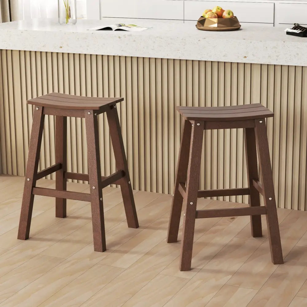 29 Inch HDPE Patio Bar Stool Set of 2 Armless Saddle Stools-Brown Costway