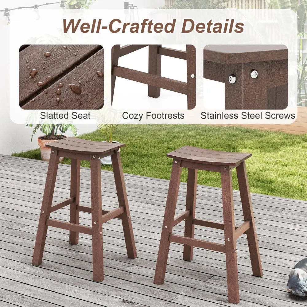 29 Inch HDPE Patio Bar Stool Set of 2 Armless Saddle Stools-Brown Costway