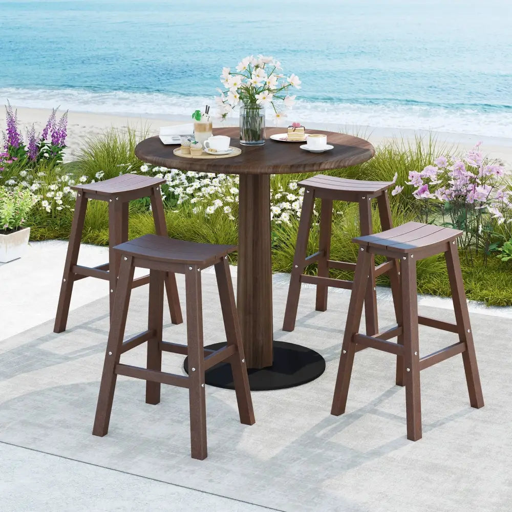 29 Inch HDPE Patio Bar Stool Set of 2 Armless Saddle Stools-Brown Costway