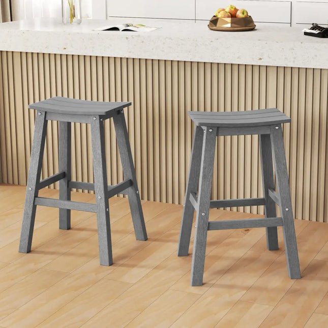 29 Inch HDPE Patio Bar Stool Set of 2 Armless Saddle Stools-Gray Costway