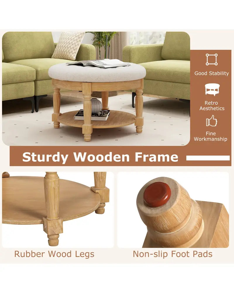 29 Inch Large Round Ottoman Coffee Table 2-Tier Upholstered Tufted Footrest Ottoman with Flip-up Top-Beige - Beige