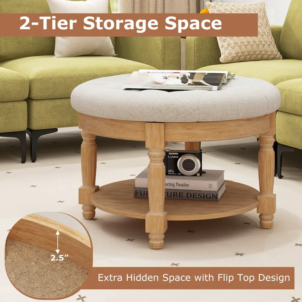 29 Inch Large Round Ottoman Coffee Table 2-Tier Upholstered Tufted Footrest Ottoman with Flip-up Top-Beige - Beige