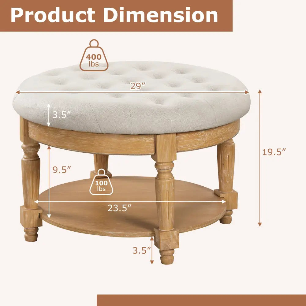 29 Inch Large Round Ottoman Coffee Table 2-Tier Upholstered Tufted Footrest Ottoman with Flip-up Top-Beige - Beige