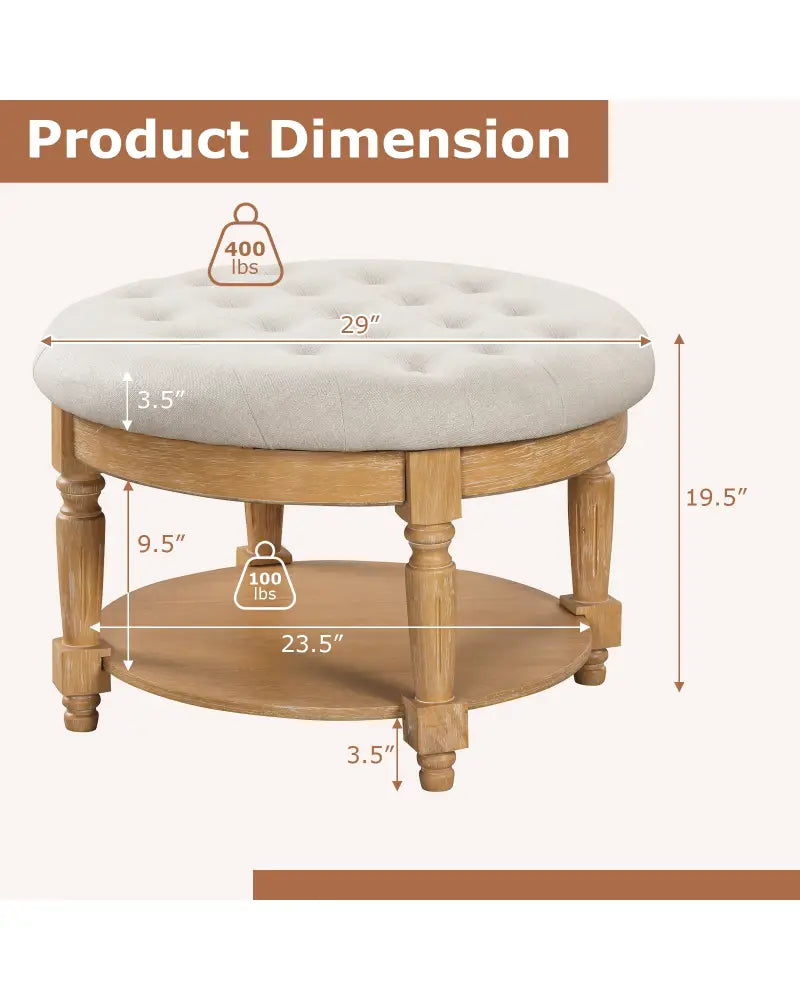 29 Inch Large Round Ottoman Coffee Table 2-Tier Upholstered Tufted Footrest Ottoman with Flip-up Top-Beige - Beige
