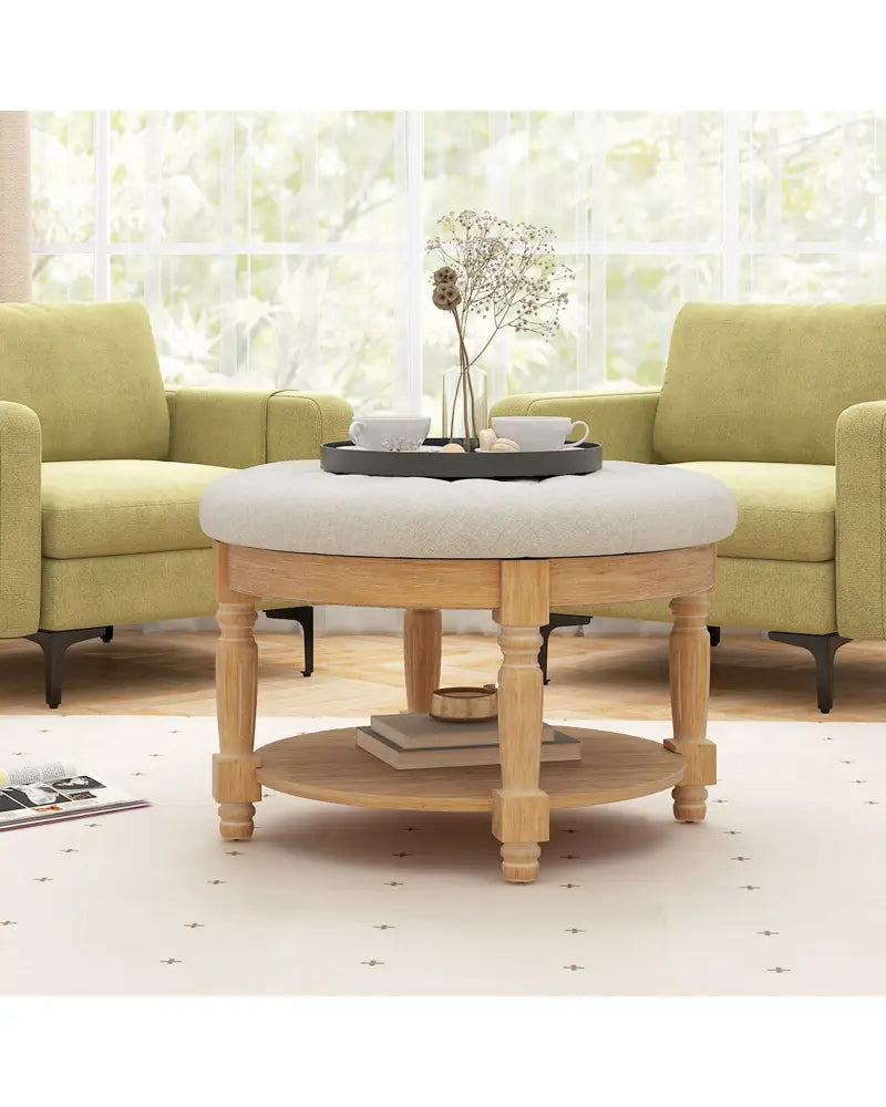 29 Inch Large Round Ottoman Coffee Table 2-Tier Upholstered Tufted Footrest Ottoman with Flip-up Top-Beige - Beige