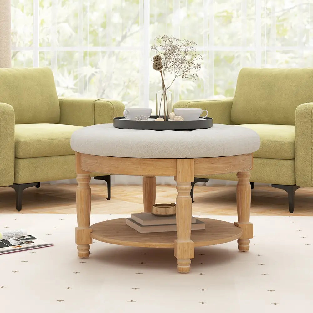 29 Inch Large Round Ottoman Coffee Table 2-Tier Upholstered Tufted Footrest Ottoman with Flip-up Top-Beige - Beige