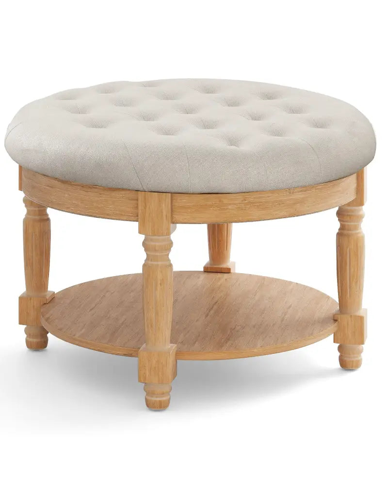 29 Inch Large Round Ottoman Coffee Table 2-Tier Upholstered Tufted Footrest Ottoman with Flip-up Top-Beige - Beige