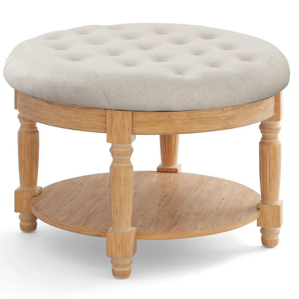 29 Inch Large Round Ottoman Coffee Table 2-Tier Upholstered Tufted Footrest Ottoman with Flip-up Top-Beige - Beige