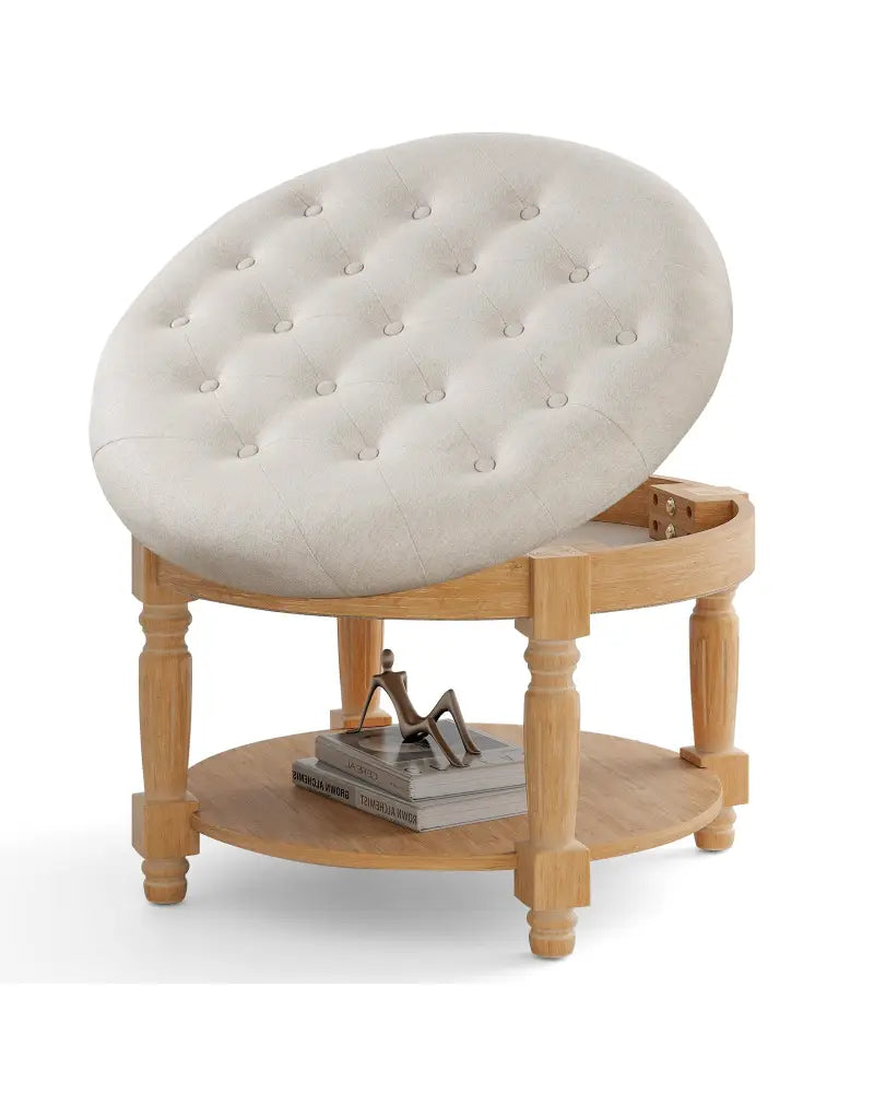 29 Inch Large Round Ottoman Coffee Table 2-Tier Upholstered Tufted Footrest Ottoman with Flip-up Top-Beige - Beige