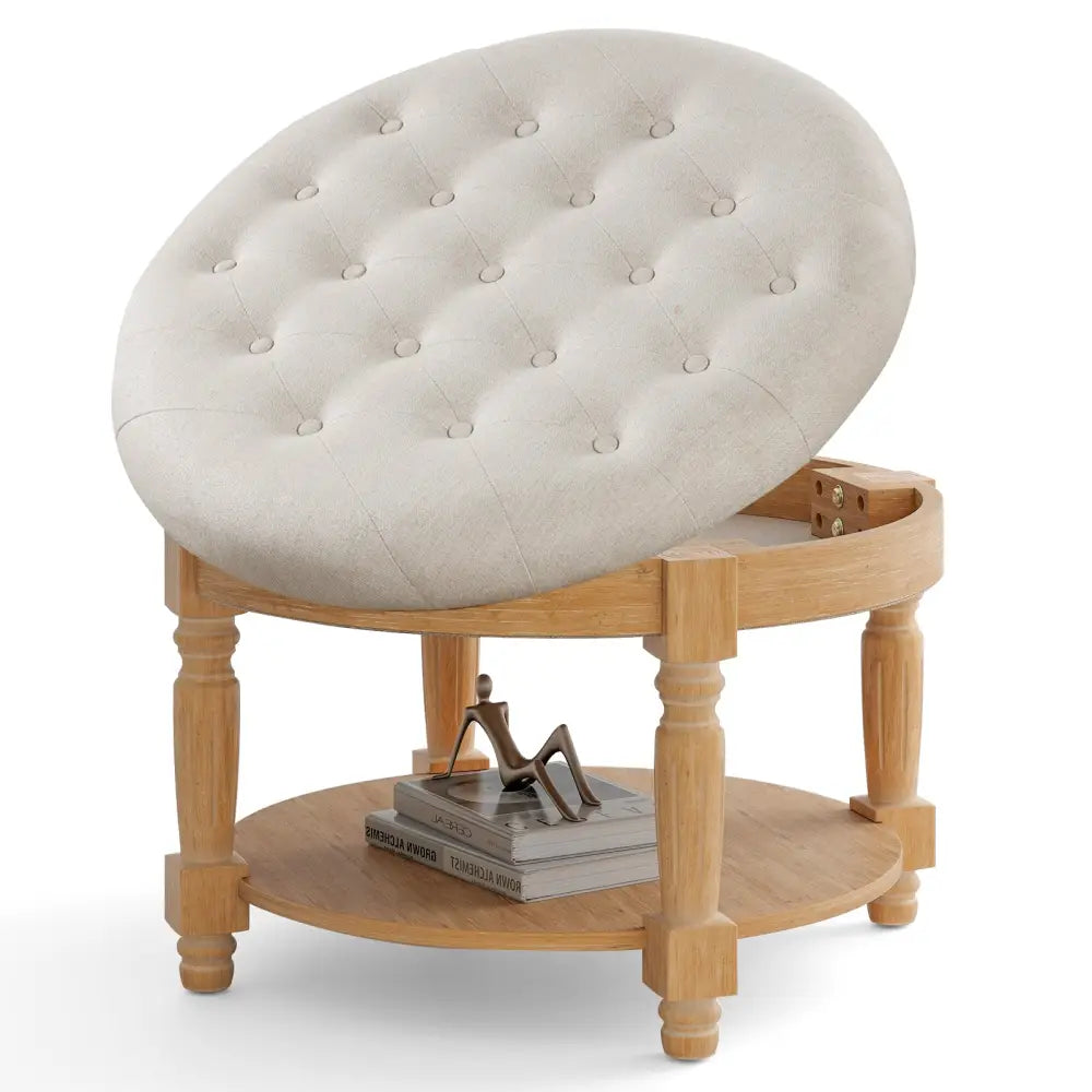 29 Inch Large Round Ottoman Coffee Table 2-Tier Upholstered Tufted Footrest Ottoman with Flip-up Top-Beige - Beige