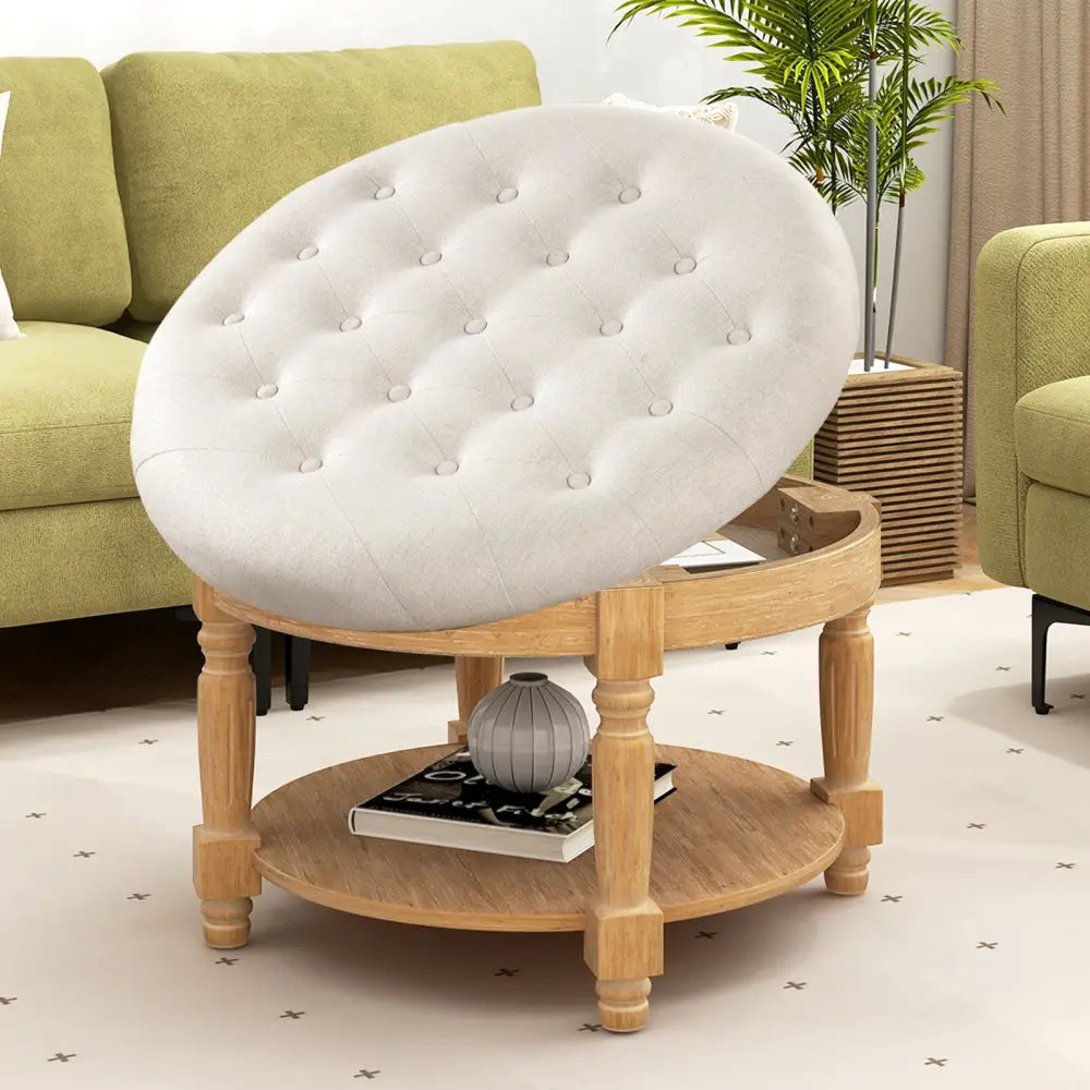 29 Inch Large Round Ottoman Coffee Table 2-Tier Upholstered Tufted Footrest Ottoman with Flip-up Top-Beige - Beige