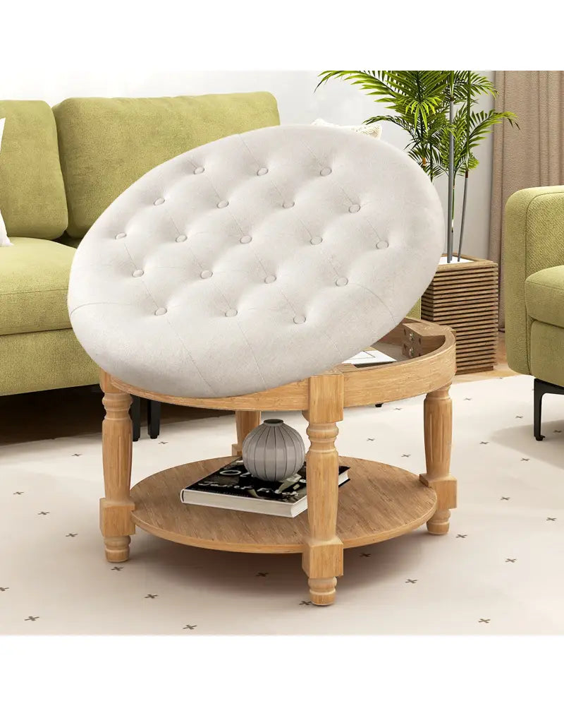 29 Inch Large Round Ottoman Coffee Table 2-Tier Upholstered Tufted Footrest Ottoman with Flip-up Top-Beige - Beige