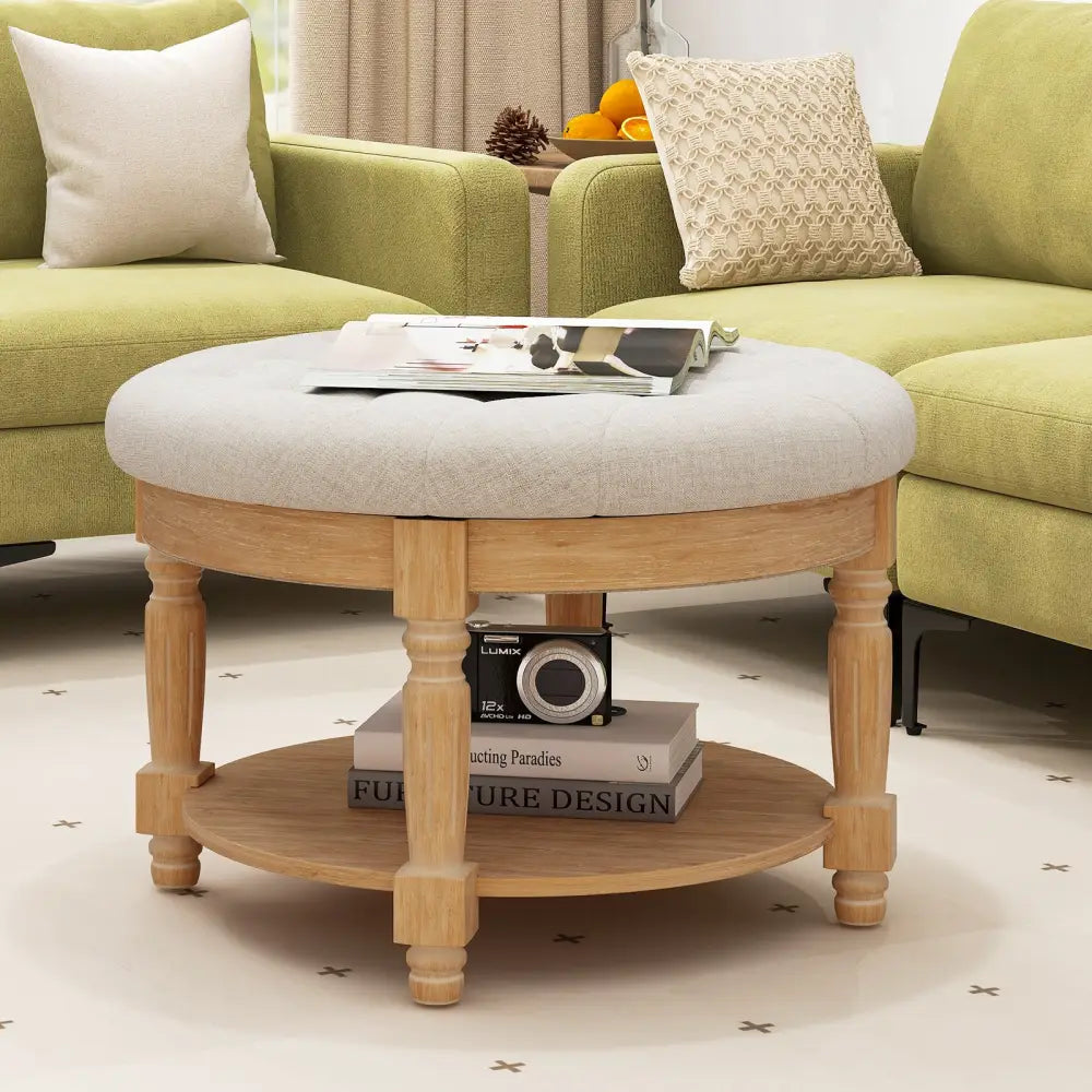 29 Inch Large Round Ottoman Coffee Table 2-Tier Upholstered Tufted Footrest Ottoman with Flip-up Top-Beige - Beige