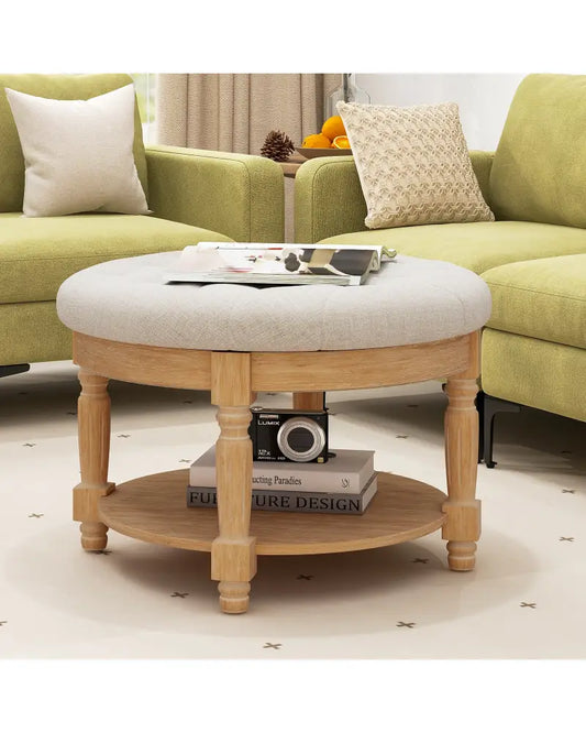29 Inch Large Round Ottoman Coffee Table 2-Tier Upholstered Tufted Footrest Ottoman with Flip-up Top-Beige - Beige