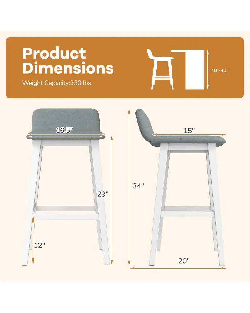 29 Inch Low-Back High-Top Chairs with Padded Seat and Rubber Wood Legs-White - White - Bar Stools