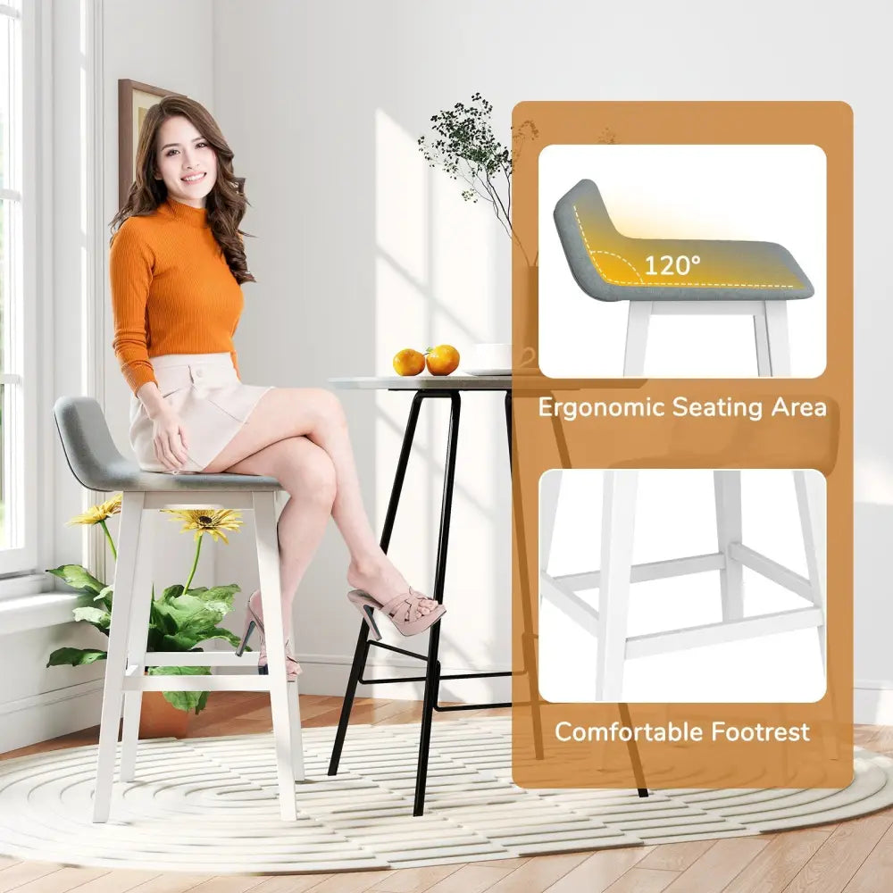 29 Inch Low-Back High-Top Chairs with Padded Seat and Rubber Wood Legs-White Costway