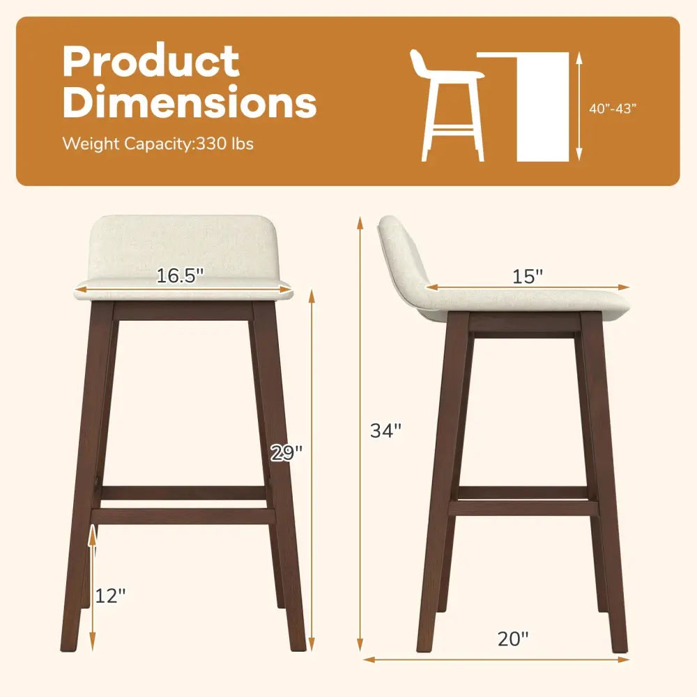 29 Inch Low-Back High-Top Chairs with Padded Seat and Rubber Wood Legs-Brown Costway