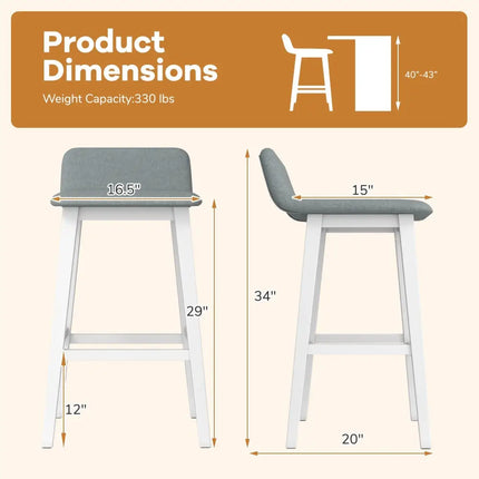 29 Inch Low-Back High-Top Chairs with Padded Seat and Rubber Wood Legs-White Costway