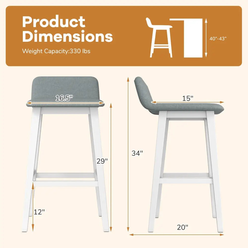 29 Inch Low-Back High-Top Chairs with Padded Seat and Rubber Wood Legs-White Costway