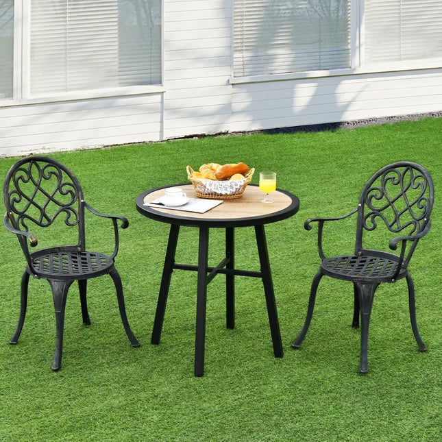 29 Inch Patio Round Bistro Metal Table with Wood-Like Top - Black - Patio Dining Tables
