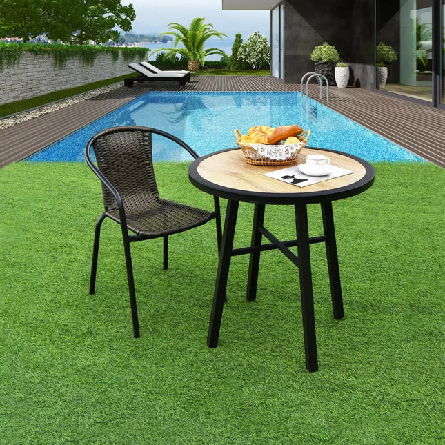 29 Inch Patio Round Bistro Metal Table with Wood-Like Top - Black - Patio Dining Tables