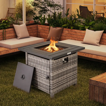 29 Inch Propane Rattan Firepit Table with Lava Rocks and Protective Cover-Gray - Gray - Fire Pit Tables